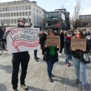 Drei Menschen stehen mit selbstgebastelten Schildern auf einer Demo, darunter ein Mensch mit Dinomaske- und Klauen der ein Schild hält auf dem in Antifa-Optik "Durchgechipt und trotzdem da: Echsenmenschen-Antifa" steht