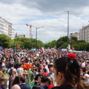 Blick vom Praça Marquês de Pombal über die Menschenmasse die sich auf dem Platz und die Avenida da Liberda sammeln