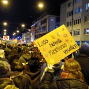 Ein Papschild mit der Aufschrift "Lass Blumen blühen Faschismus verwelken in einer riesigen Menschenmenge