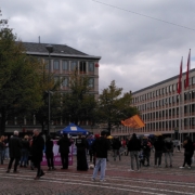 Menschen mit Fahnen stehen um einen Infostand.